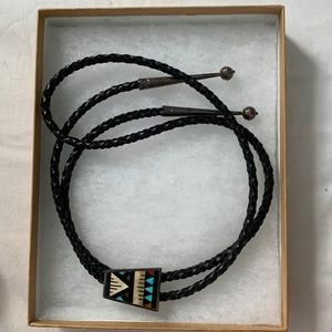 Vintage Leather and Stones Bolo Tie Necklace New in box. Never worn.